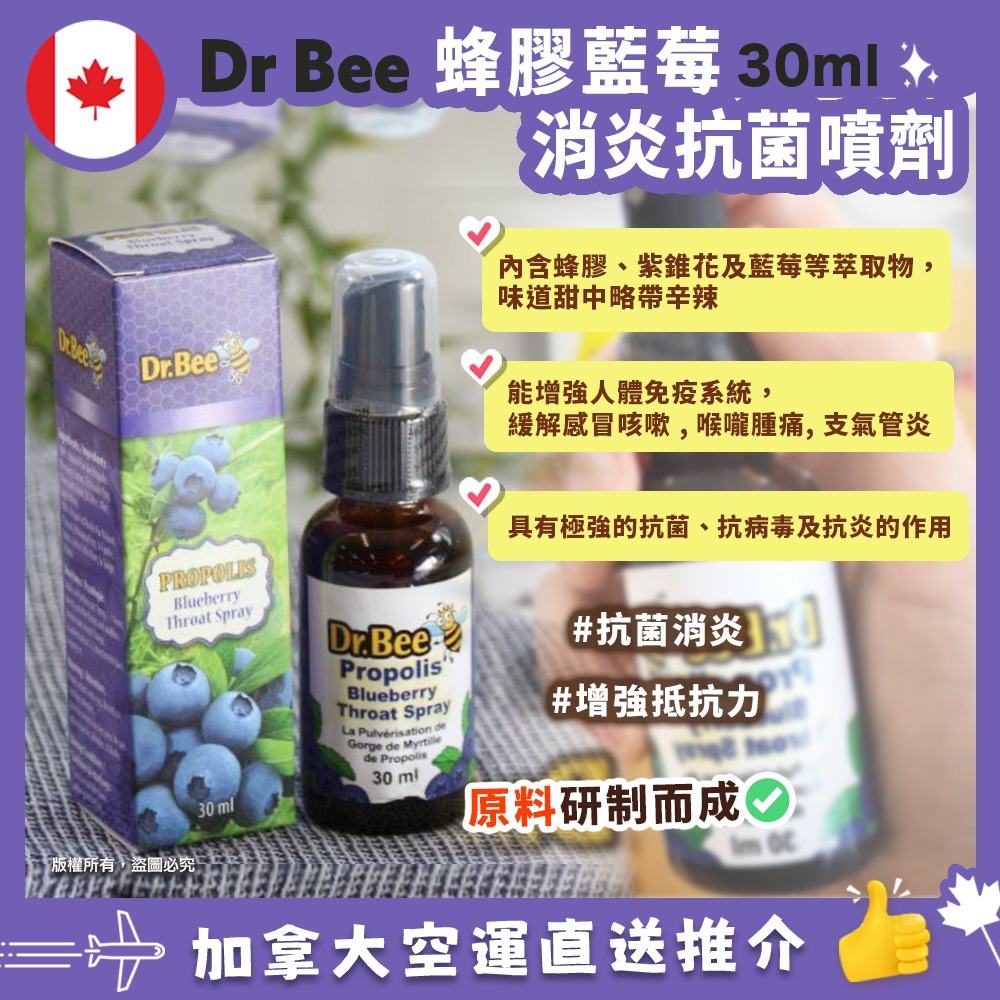 【加拿大空運直送】加拿大Dr Bee Propolis Throat Spray 蜂膠藍莓消炎抗菌噴劑 30ml