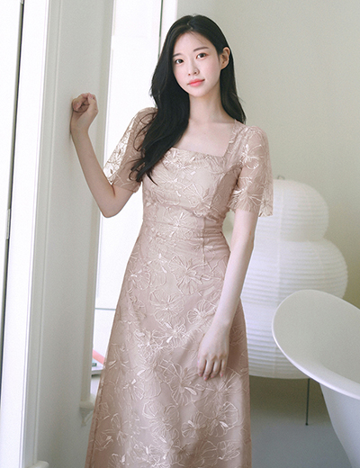milkcocoa-Amelie dress line.pinkgold flower lace dress ♡韓國女裝連身裙