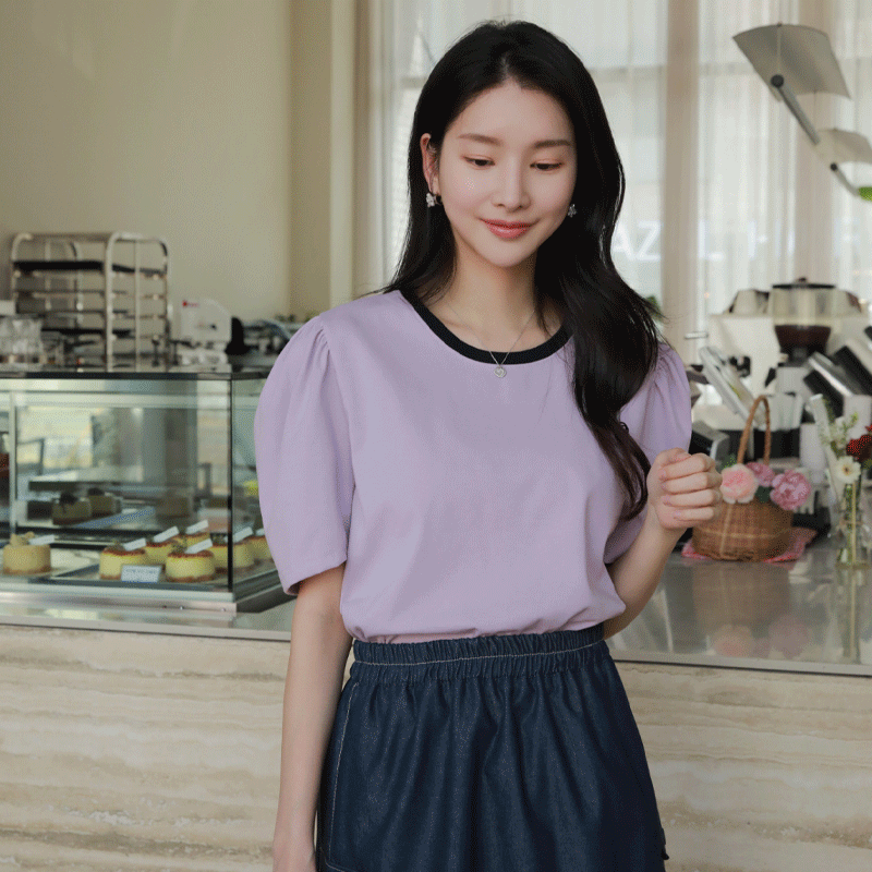 clicknfunny-[러버배색 퍼프티셔츠]韓國女裝上衣