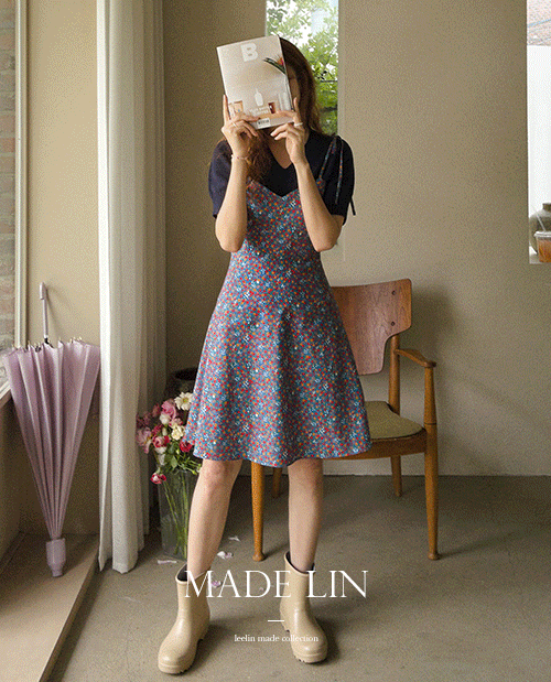 leelin-[MADE LIN푸른꽃밭 기장조절 레이어드 리본 원피스[size:F(55),L(55~66)]]♡韓國女裝連身裙