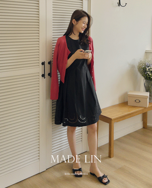 leelin-[MADE LIN웨스트 투핀턱 서클 펀칭 블랙 원피스[size:S,M]]♡韓國女裝連身裙