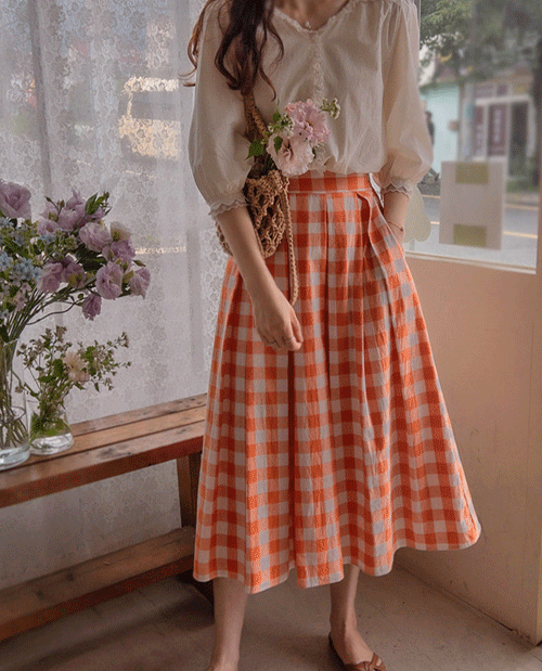 leelin-[[오렌지컬러] 슈헤이 썸머체크 맵시주름 밴드 스커트 [size:F(55~66)]]♡韓國女裝裙