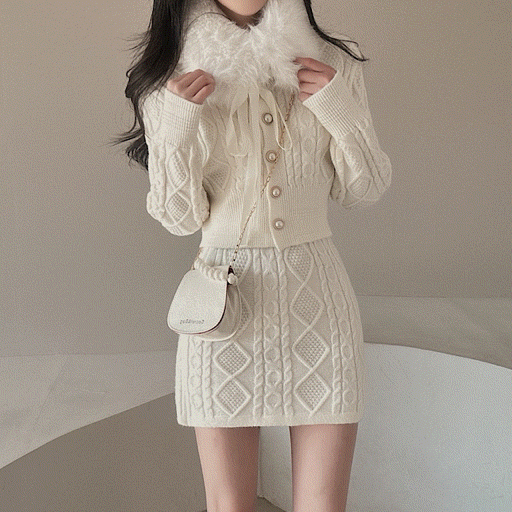 lovensome-[머플러세트!/로맨틱!] 밍크퍼 피셔 니트 가디건  니트 스커트 투피스 세트 2color♡韓國女裝套裝
