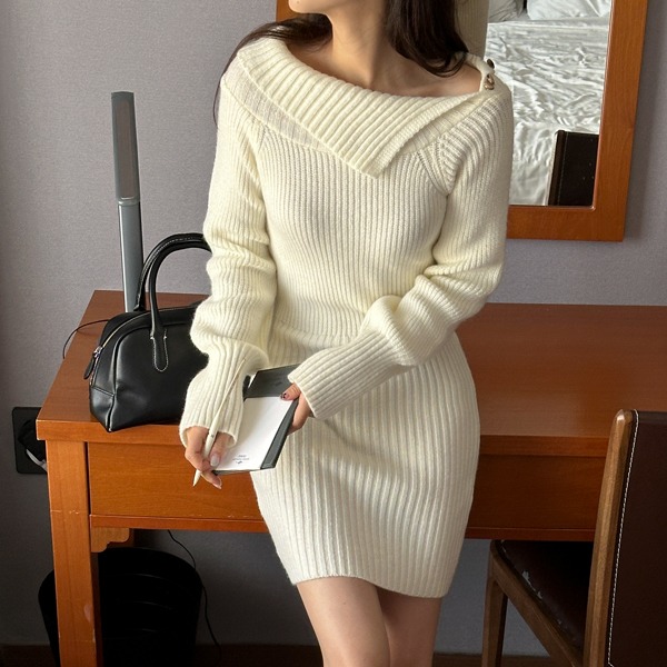 realcoco-[겨울신상15%] 코지아 오프숄더 니트 미니 원피스 - 4 Color (골지/연말룩)♡韓國女裝連身裙