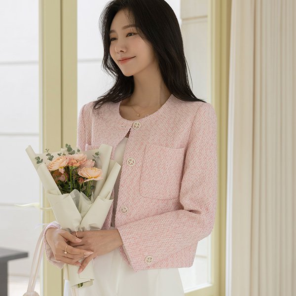 ode - 로맨틱 파스텔 컬러 소매 배색 트위드 자켓♡韓國女裝外套