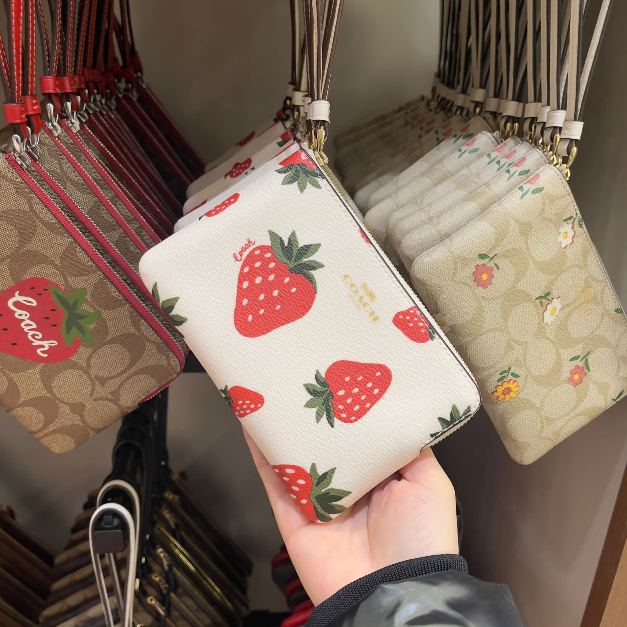 【加拿大空運直送】COACH Corner Zip Wristlet With Wild Strawberry Print